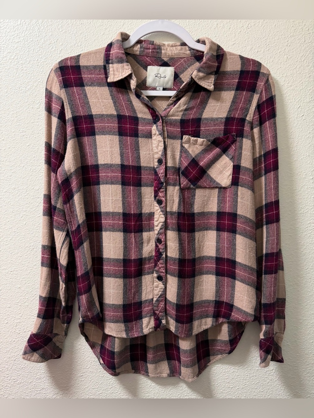Rails Flannel Button Up Shirt Plaid Long Sleeve Pockets Burgundy Womens Small